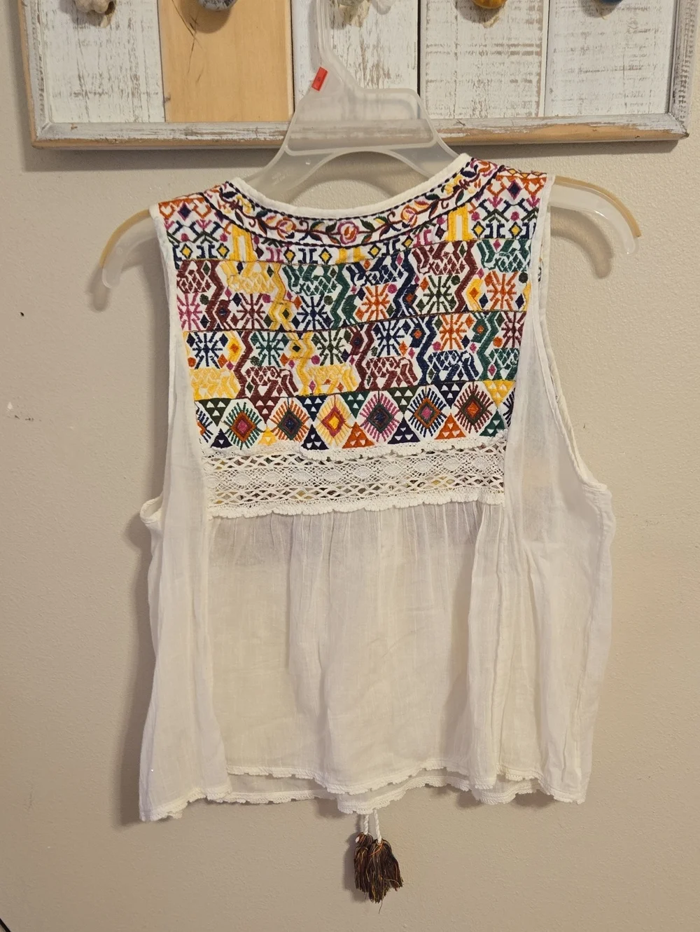Free People Print Lohri Embroidered White Tie-Front Camisole Top Boho Sz M